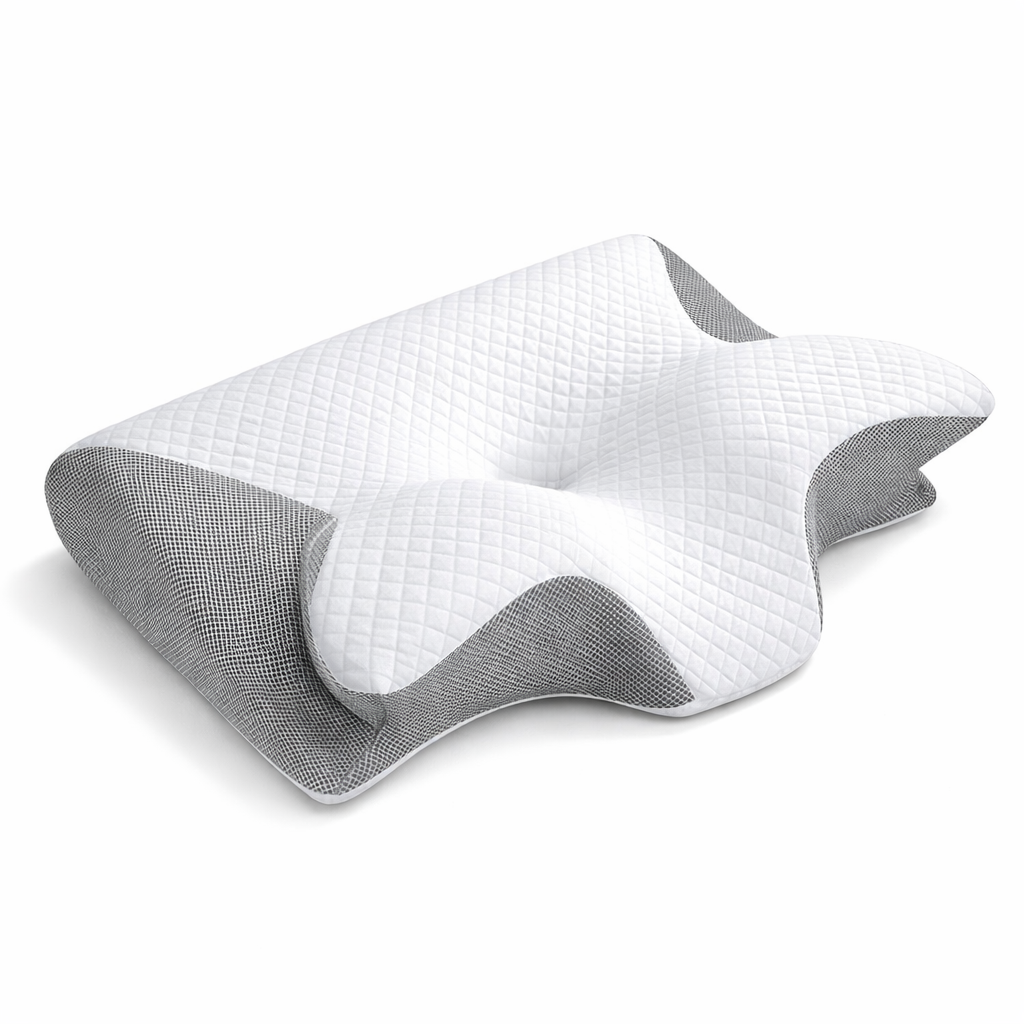 Salutive contour memory foam pillow with a white quilted cover and grey side panels