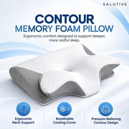 Salutive contour memory foam pillow with a curved center and raised sides, product graphic