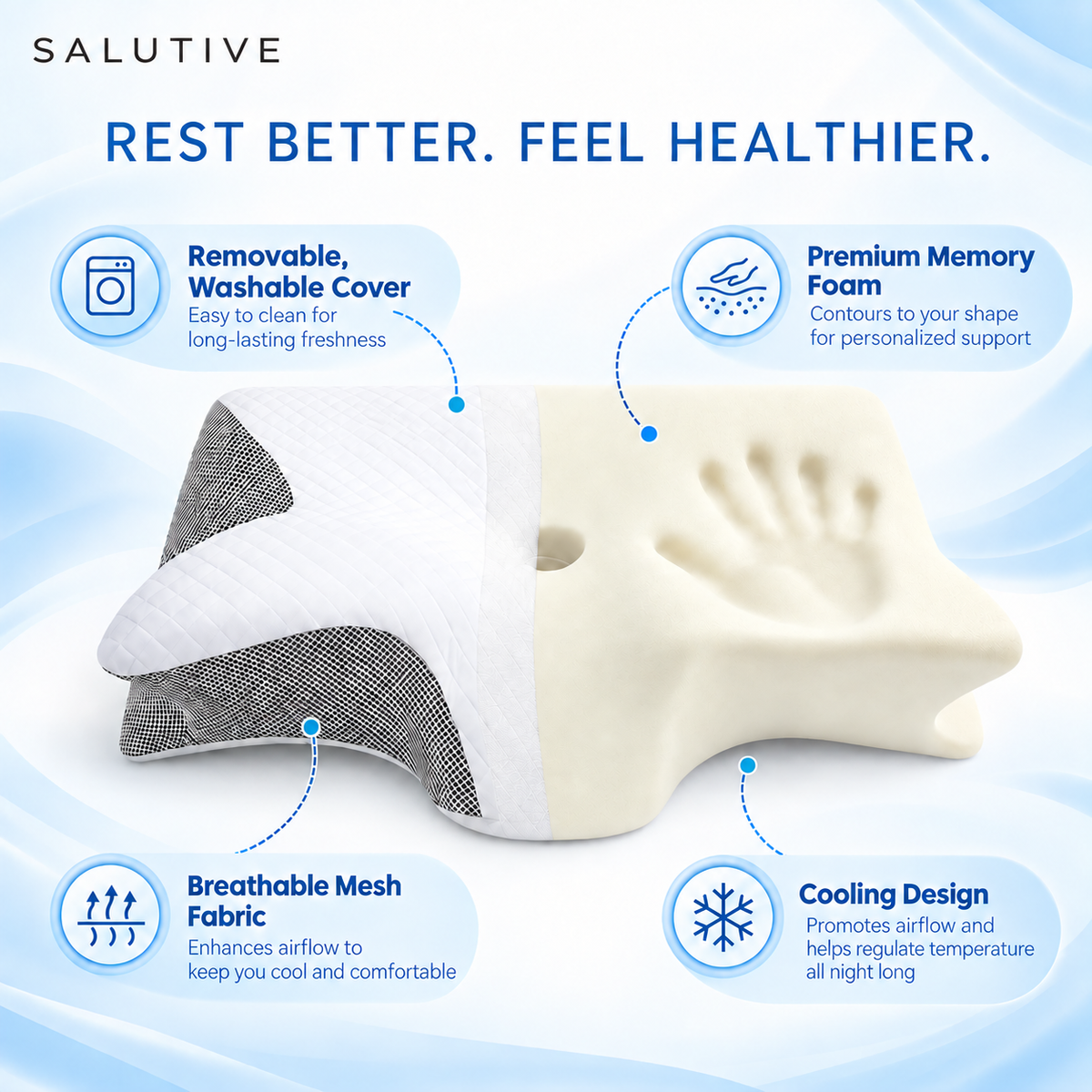 Contour memory foam pillow next to a cutaway of its foam core and cover
