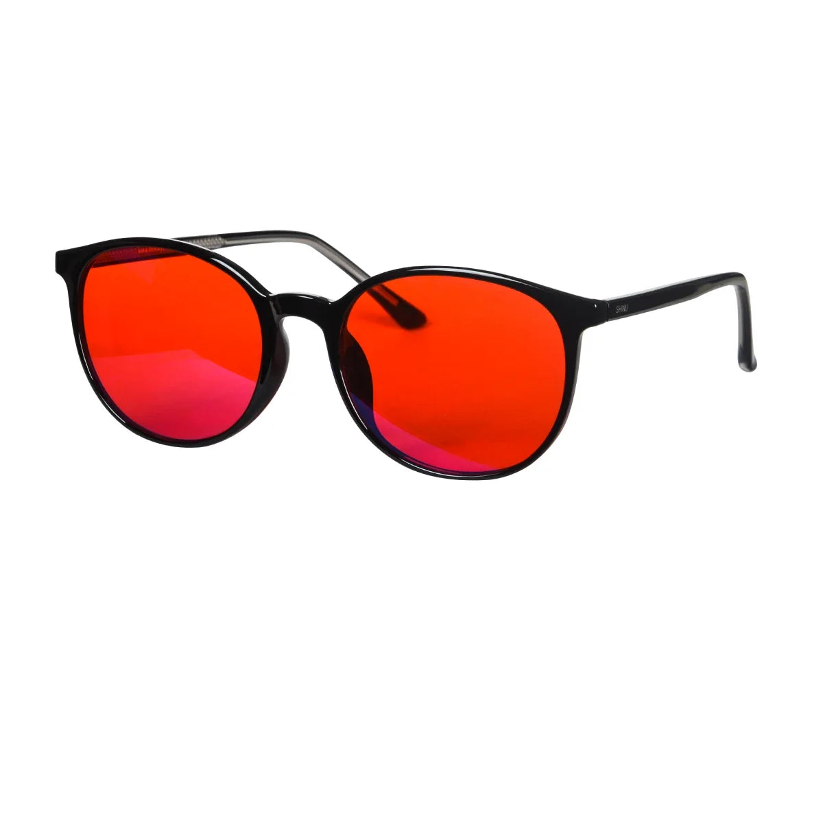 Blue light glasses with round black frames and red-tinted lenses