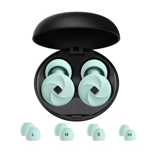 Silicone ear plugs in mint in a black round carry case with four tip sizes