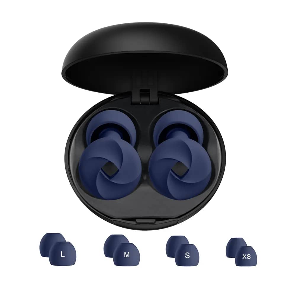 Salutive silicone ear plugs in navy and case with interchangeable tips laid out